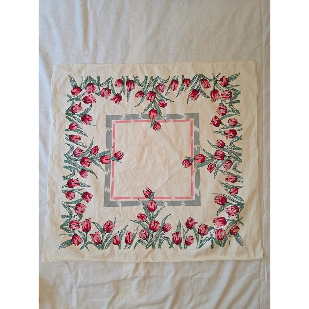 Vintage 1950s Printed Cotton Card Tablecloth Red Pink Tulip Border Gray Square